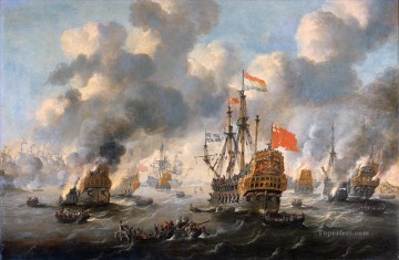  navales Obras - Los holandeses queman la flota inglesa antes de las batallas navales de Chatham 1667 Peter van de Velde